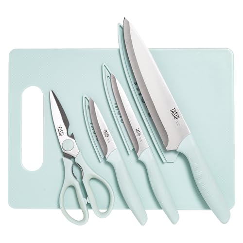 Tasty 5-Piece Cutlery & Cutting Board Set, High-Carbon Stainless Steel Knives with Soft Grip Handles, Reversible Cutting Board for Chopping & Serving, Aqua