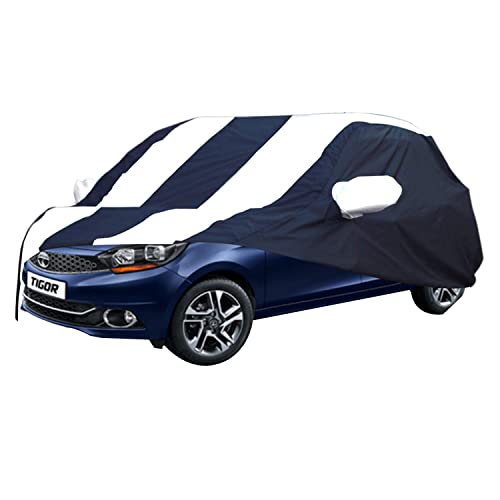 Image of Allextreme TTK5005 Car Body Cover Compatible with Tata Tigor Custom Fit Dustproof UV Heat Resistant Indoor Outdoor Body Protection (Navy Blue & White with Mirror)