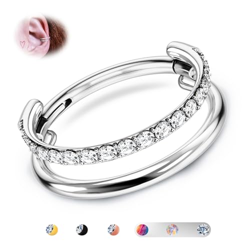 BodyBonita G23 Titanium Cartilage Earring Hoop Stacked Clicker - 16G CZ Double Nostril Septum Rings Conch Piercing Jewelry Tragus Rook Daith Helix Earrings Nose Rings Hoops for Women Men Silver 12 mm