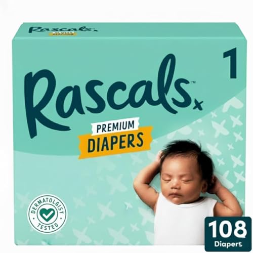 Image of Rascals Premium Diapers, Size 1, 108 Count