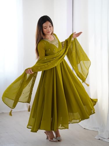 Image of FUSIONIC Premium Mehndi Green Anarkali Set with Heavy Embroidery, Dupatta & Full Stitch Finish