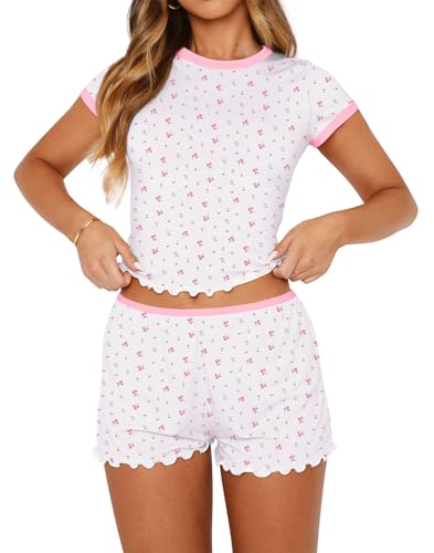 Image of Lacozy Cute Pajamas for Women Set 2 Piece Short Sleeve Pjs Floral Graphic Crop Top Y2K Summer Sleepwear Lounge Set