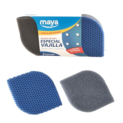 MAYA Estropajo EVO para Vajillas. Limpia sin Rayar. No Deja Restos de Comida. Lavables en Lavavajillas y Lavadora. Dimensiones 12x8,5x2,5 cm Pack de 2 Estropajos (Azul)
