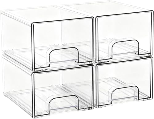 Consejos para Comprar Cajones de plastico comprados en linea. 49 Cajones Organizadores Apilables de Plástico Transparente, Juego de 4, Cajas de Almacenamiento para Cosméticos, perfume, plumones y Medicamentos, para Baño, Cocina y dormitorio