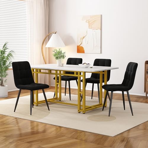 Fppuueg Conjunto Mesa y Sillas Comedor 5 Piezas Juego de Comedor Mesa y 4 Sillas, Mesas Rectangular 120x70x74 cm con Patas Metálicas Dorado Mesa y Sillas Cocina, Terciopelo Silla de Cocina, Negro