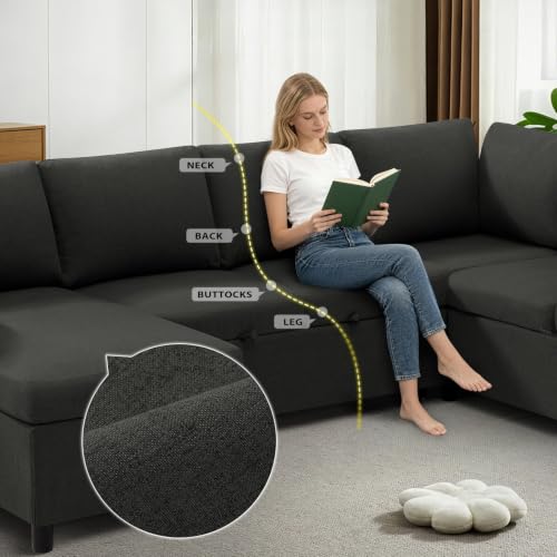 Image of 112 inch Fabric Sectional Sofa w /Pull Out Bed &Storage Chaise,Dark Grey