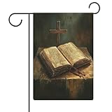 Retro-Bibel offen auf einem Tisch mit einem Kreuz, Gartenflagge, saisonale Feiertage, Jute, doppelseitig, Haus, Hof, Außenflaggen, 32 x 47 cm