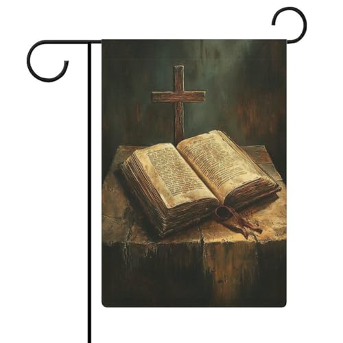 Retro-Bibel offen auf einem Tisch mit einem Kreuz, Gartenflagge, saisonale Feiertage, Jute, doppelseitig, Haus, Hof, Außenflaggen, 32 x 47 cm