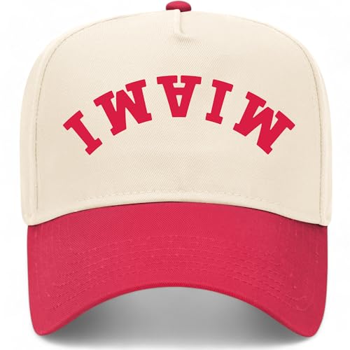 Miami Upside Down Reversed Vintage Trucker Hat | Premium Snapback Baseball Hat for Men & Women (US Alpha One Size Red/Natural)