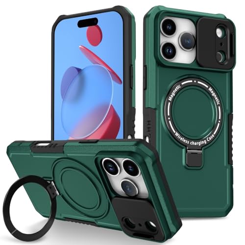 Coque iPhone 17 vert foncé avec anneau rotatif et support rigide silicone