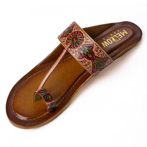 Image of Women's Leather Kolhapuri Chappals - Handmade Ethnic Flats Sandals with Durable TPR Non-Slip Sole