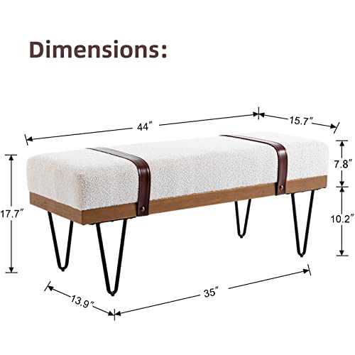 Lukealon Comfy Faux Fur Long Entryway Bench, Padded Bedroom Bed End Bench Modern Ottoman Bench With Two Straps And Metal Hairpin Legs Industrial Dining Table Bench For Living Room, White #TOP1