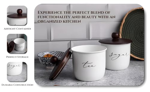 Image of Kitchen Canister Set of 4, White Metal with Wooden Lid, Tea Sugar Coffee Salt Storage Jars, 800ml, 11x15 cm | Food-Safe Jar Set for Kitchen counter top Container