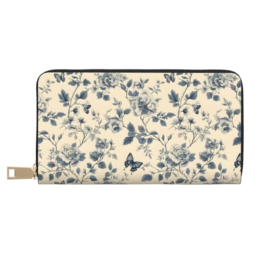Leather Thin Slim Wallets for Women Men - Fashion Ink Blue Butterfly Flower Print Card Wallet Holder with Zipper