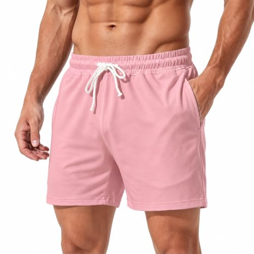 Jeixopu Mens Athletic Sweat Shorts 5 Inch Cotton Casual Fitness Mens Workout Gym Shorts with Pockets (Pink-XXL) - image 1