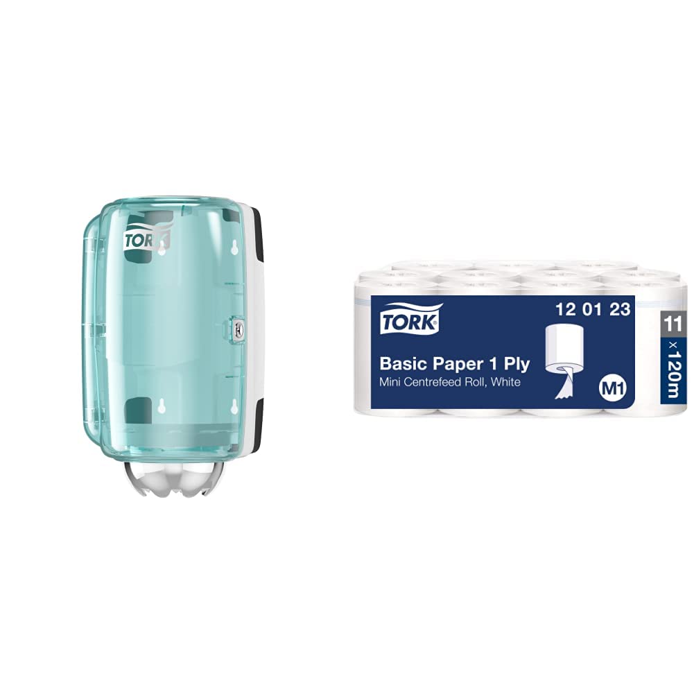 Tork 658000 Mini Innenabrollungsspender für M1 Papierwischtücher & 120123 Standard Papierwischtücher für M1 Mini Spender mit Innenabrollung - Weiß, 1-lagig & ungeprägt - 11 Rollen x 120 Meter(21,5 cm)