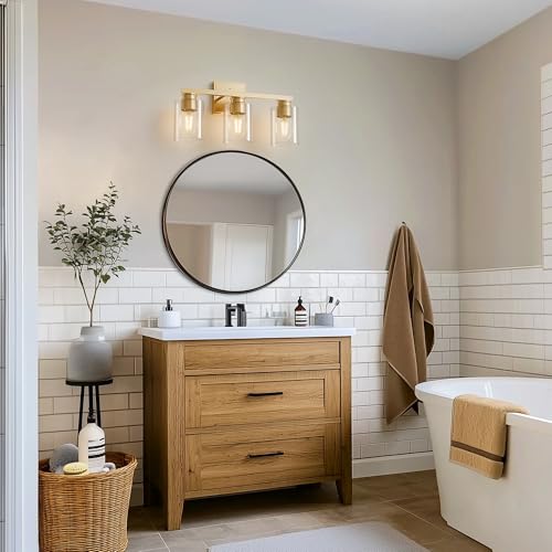 Image of L LOHAS LED 3-Light Bathroom Light Fixtures Over Mirror, 17.7-Inch Gold Bathroom Vanity Light with Clear Glass Shade, Modern Vanity Lights for Bathroom Hallway Living Room Bedroom, E26, UL Listed