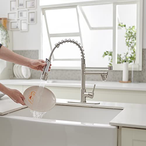 Bwe Kitchen Faucet With Pull Down Sprayer Brushed Nickel Single Handle High Arc Spring Faucet For Kitchen Sink With Led Light 2 Spout #TOP7