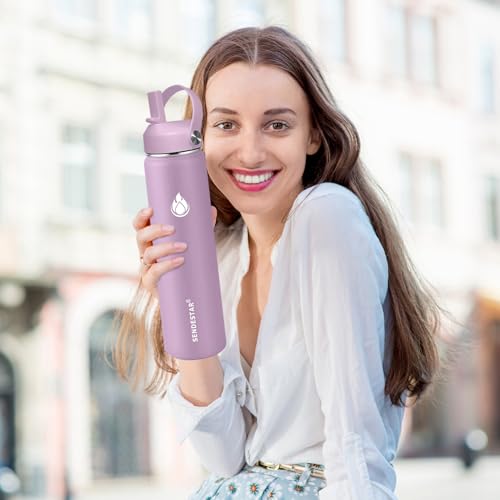 Image of SENDESTAR Water Bottle 40oz Double Wall Vacuum Insulated Leak Proof Stainless Steel Sports Water Bottle-Wide Mouth with New Flex Straw Lid & Spout Lid (lilac)