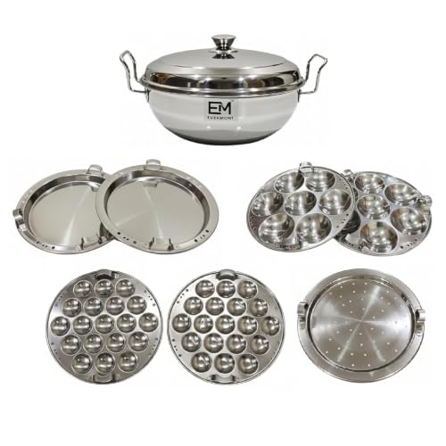 Image of Stainless Steel Multi-Purpose Idli Maker & Steamer for Kitchen | 7 Plates (2 Idli, 2 Mini Idli, 2 Dhokla, 1 Steamer) | Induction & Gas Compatible Multi Kadai | Steamer for Momos, Modak & Vegetables | Heavy Bottom SS 304 | 28cm Idli Maker Dhokla Steamer Momo Cooker, 2 Idli, 2 Dhokla, 2 Mini Idli & 1 Patra Plate, Triply Base
