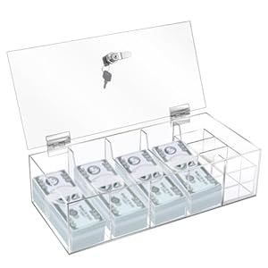 Suzile Acrylic Locking Currency Tray, 5 Compartment Clear Cash Organizer Money Storage Box with Lockable Cover and Coin Tray Insert for Storage Money Home Office Bill Cash Gift