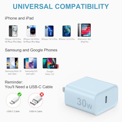 Image of iPhone 17 16 15 Charger Fast Charging 30W USB C Chargers Block Type C Charger 2 Pack 6FT Cord for iPhone 17 /17 Plus /17 Pro Max /Air /16 /16 Plus /16 Pro Max /15 Pro Max /iPad Pro /Samsung (Blue