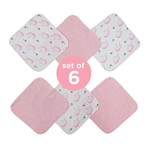 Neat Solutions 6 Pack Print & Solid Infant Wash Cloths - Unicorn, Pink