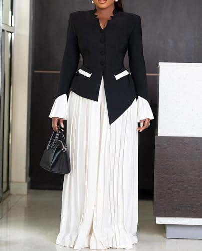 Unybwonn Women's Two Piece Suits Sets Dressy Long Sleeve Blazer Palazzo Chiffon Baggy Pants Elegant Business Outfits2