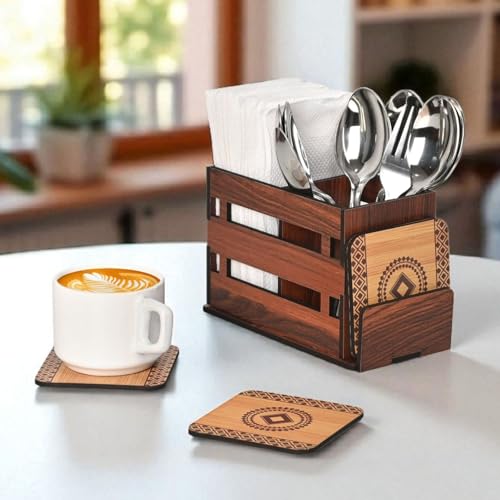 Image of Gift Kya De Wooden Cutlery Holder with 3 Compartments & 4 Designer Coasters | Multipurpose Utensil, Tissue & Spoon Stand | Table Organiser for Home, Kitchen, Office