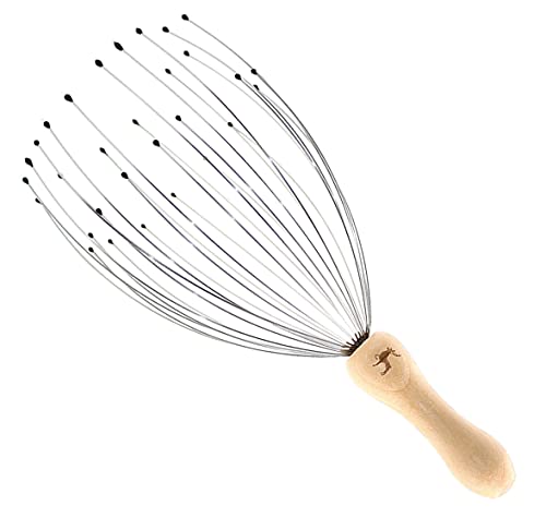 USAGA 32 Fingern Premium Kopfmassagegerät - Kopfmassage Spinne - Kopfhautmassagegerät mit 32 Fingern - Kopfkratzer für Entspannung von Kopf und Körpers Holzgriff (1 Packung)