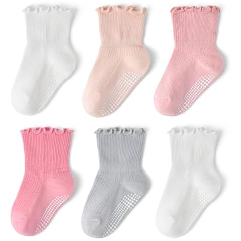 Bearbay 6 Pairs non-slip ruffle socks for baby girls toddler girls，cute grippy comfortable ankle socks for all seasons Cover