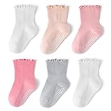 Bearbay Non-slip Ruffle Socks for Baby girls Toddler girls Cute Grippy Frilly Crew for All Seasons 6 Pairs Mix Pink 1-3 T