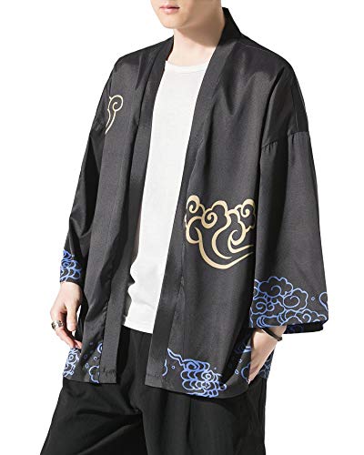 Image of Men's Japanese Kimono Robe Jacket Lightweight 3 /4 Sleeve Open Front Yukata | Silky Smooth Fashion Print Happi Coat Lightweight Breathable Loose Unisex Haori Casual Summer Cardigan Daily Beach Vacation