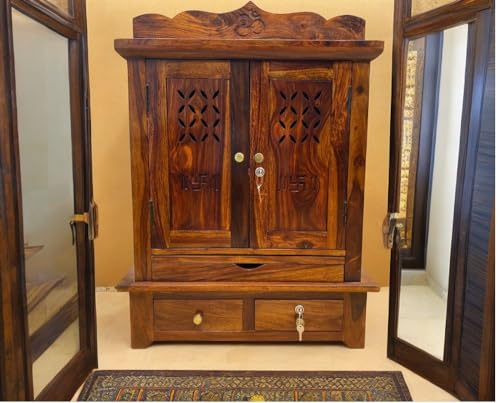 Image of Wudniture Solid Sheesham Wood Pooja Mandir for Home | Handcrafted Wooden Temple with 3 Storage Drawers, Tray & Lock | Natural Teak Finish