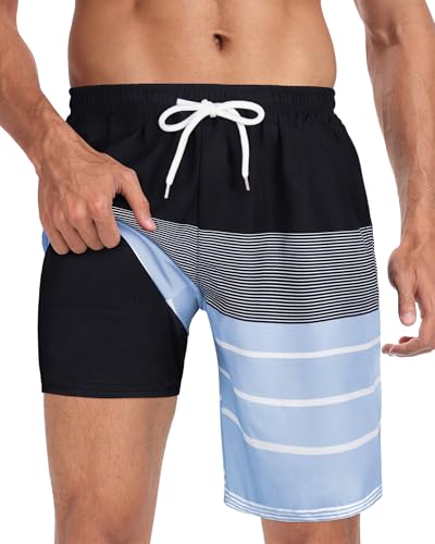 Image of Mens Swim Trunks with Compression Liner 2 in 1 Quick Dry Swimming Shorts Swimwear Bathing Suits with Pockets, 9 inch-Blue Stripe,XL