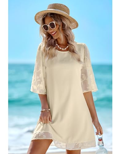 Image of LookbookStore 3 /4 Sleeve Dress for Women Shift Cute Summer Tunic Floral Lace Dresses