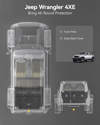 Image of 3W Backrest Liner & Cargo Liner for Jeep Wrangler 4XE 2021-2025 2026 (Non JL /JK), All Weather TPE Rubber Heavy Duty Car Liner Trunk Mat Wrangler 4XE Accessories (Hybrid & 4 Door with Subwoofer)