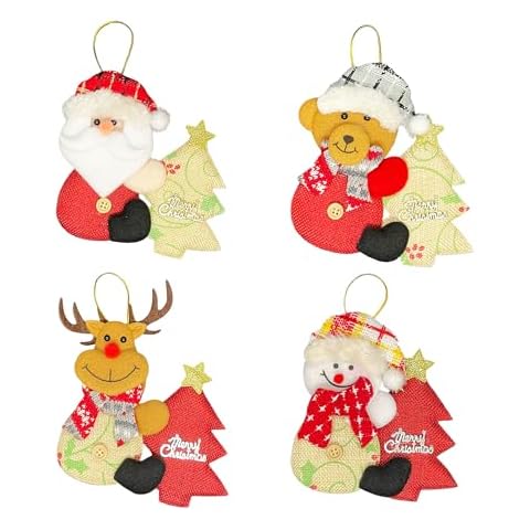 Prudance 4 PCS Christmas Tree Hanging Decorations Christmas Plush Ornaments Santa Snowman Reindeer Bear Ornaments for Xmas Tree Cover