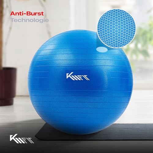 KM-Fit Gymnastikball 65cm | Trainingsball mit Luft-Pumpe | Sitzball Büro Anti-Burst | Ball für Fitness, Yoga, Gymnastik, Core Training | Pezziball Yogaball BPA-Frei | Blau