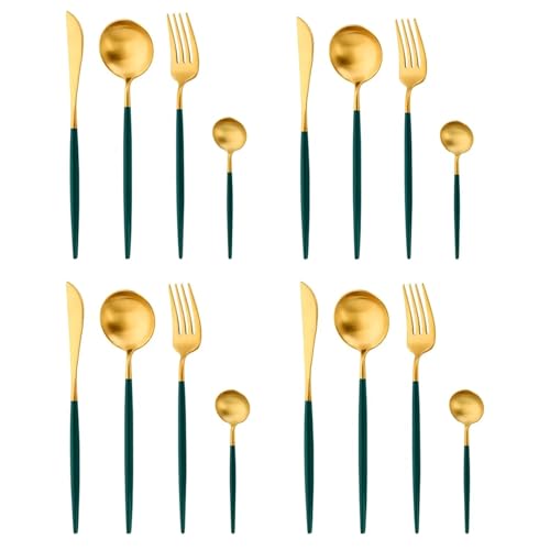 Image of aDai Premium Gold SUS304 Stainless Steel Cutlery Set - 8 Spoons, 4 Fork, 4 Steak Knife - Mirror Finish Dinnerware Flatware (Green - Set of 16)