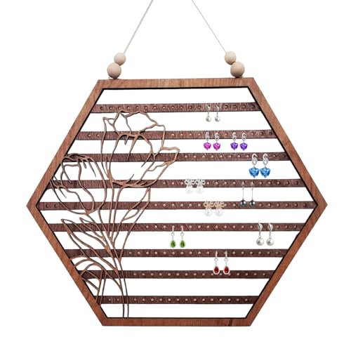 Soporte De Pared Para Joyería - Organizadores De Pendientes De Madera, Exhibidores Montados En Paredes De Luna Hexagonal, Estante De Almacenamiento Elegante | Soportes Para Mujeres Y Niñas, Tocadores