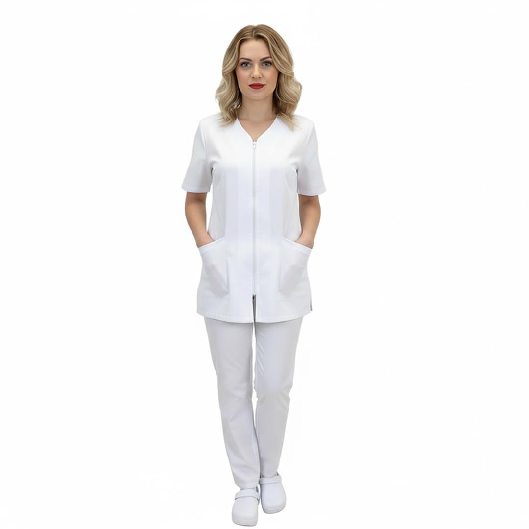 Traje de trabajo para mujer, completo, sanitario, enfermera, hueso, hospitalaria, con cremallera, varios colores, Color blanco., S