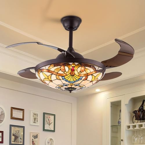 42 Inch Tiffany Style Invisible Ceiling Fan with Lights and Remote Control,Retractable Reverse Blades 6 Speeds 3 Light Changes Fandelier Chandelier Fan,Quiet Motor,Indoor Ceiling Lighting Fixture