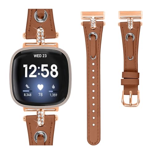 Leather Straps Compatible with Fitbit Versa 4/Versa 3 Strap for Women Genuine Leather Wristband Metal Bling Rhinestone Replacement Watch Band Strap Bracelet for Sense 2/Sense (Brown/Rose Gold) - Image 2
