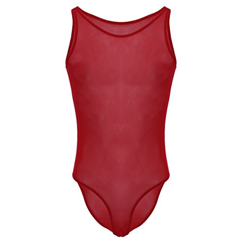Abafip Men's Sheer Mesh Bodysuit Sleeveless Semi See Through Singlet Undershirt One Piece Tank Bodysuit Mankini Swimwear Lingerie Underwear Red Medium #TOP4