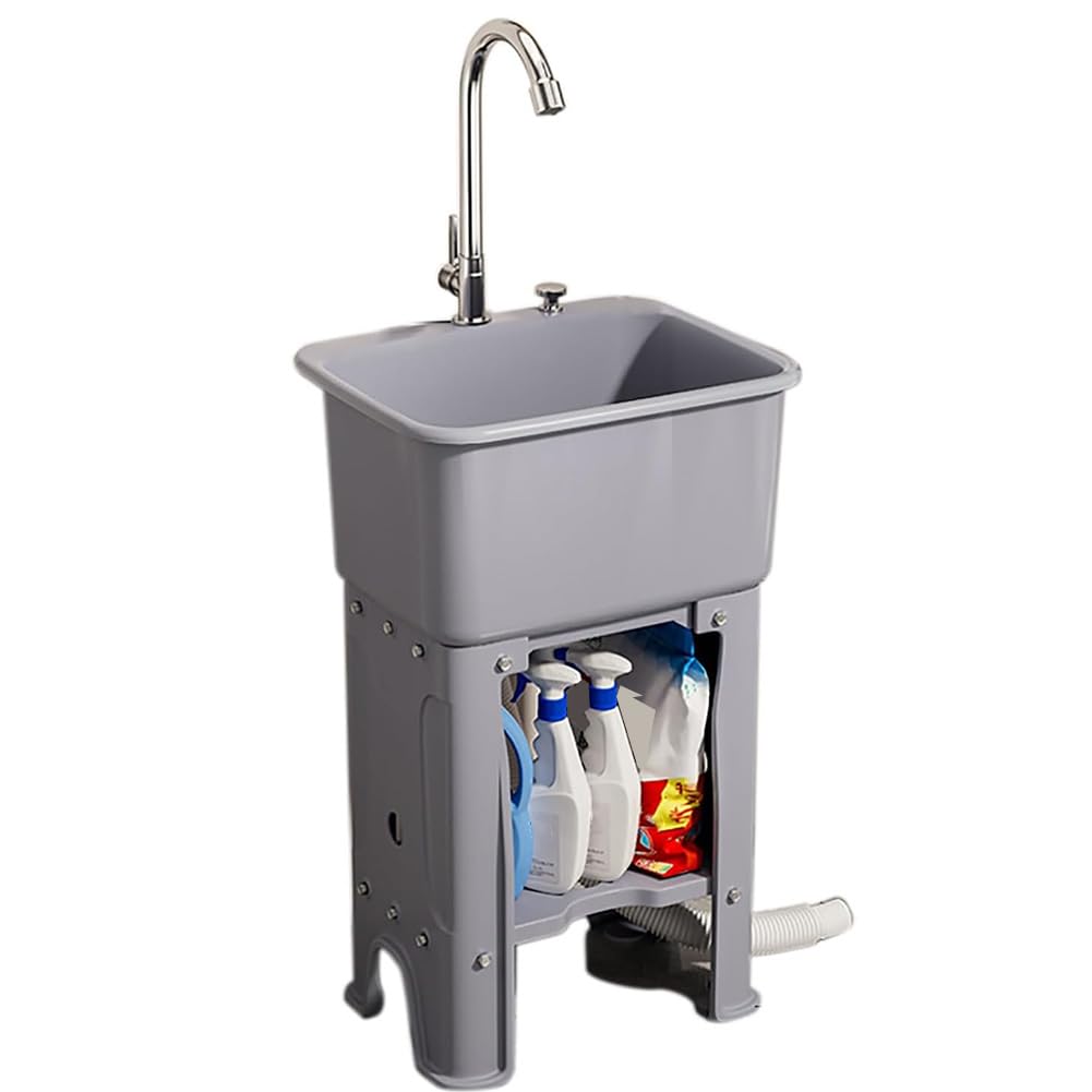 CSXSXAUO Freestanding Laundry Sink with Washboard, Storage Shelves, and Downpipe for Basement, Garage, or Garden Wash Stations