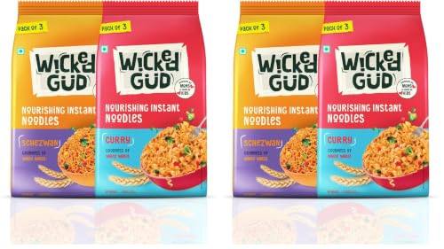 Image of Wickedgud Whole Wheat Schezwan & Curry Noodles 240g Pack of 4| No Maida | No Palm Oil | Source of Protein