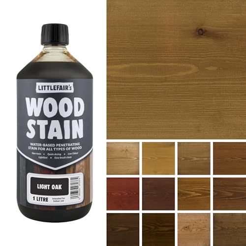 Littlefair's Wood Stain Water Based - 34oz/1ltr - Indoor Furniture Stain Light & Dark Finishes - Special Non Toxic & Eco Friendly Formula - Wood Stain for Crafts - Color: Light Oak