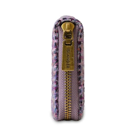 Image of Islander HarrisTweed & PU Leather women's long zip purse, Carry Cash & card, Scottish Style, Violet Mini Dogtooth