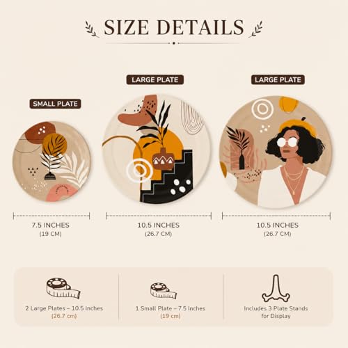 Image of Boho Ceramic Decorative Wall Plates Set of 3 with Stands - Modern Abstract Wall Decor for Living Room, Bedroom & Balcony - Neutral Beige Bohemian Hanging Plates for Home Decoration